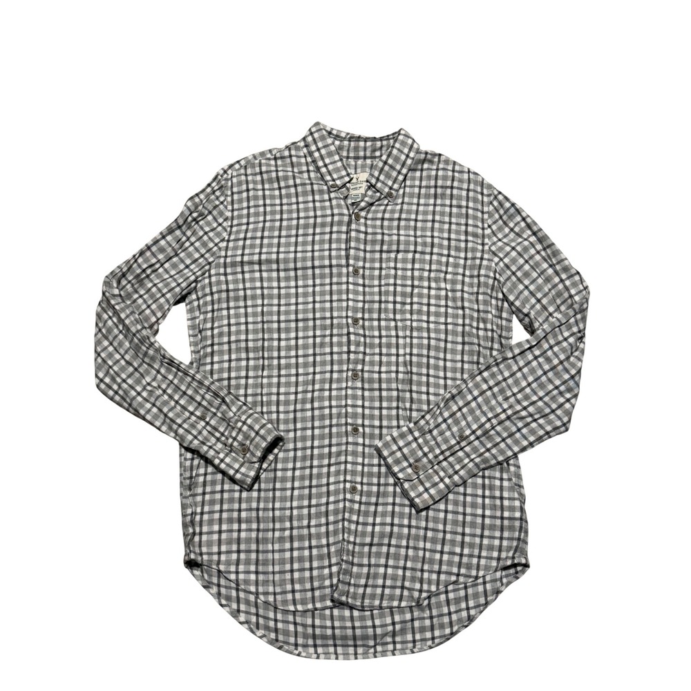 American Eagle Mens Plaid Button Down Shirt‎ Grey White Seriously Soft Classic M